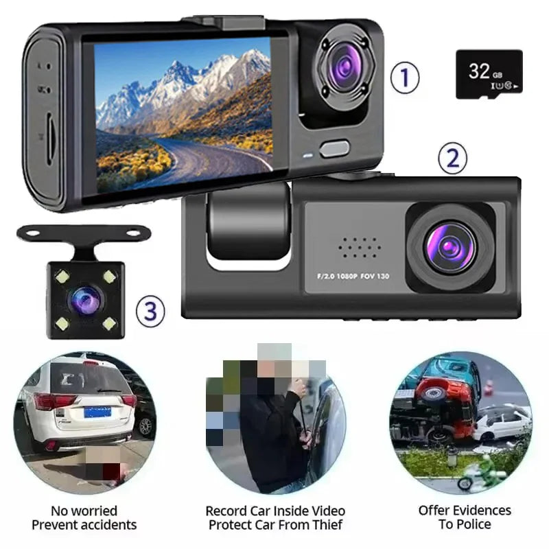 Dash Cam de 3 Canales Inteligente - Visión Nocturna Infrarroja & Full HD