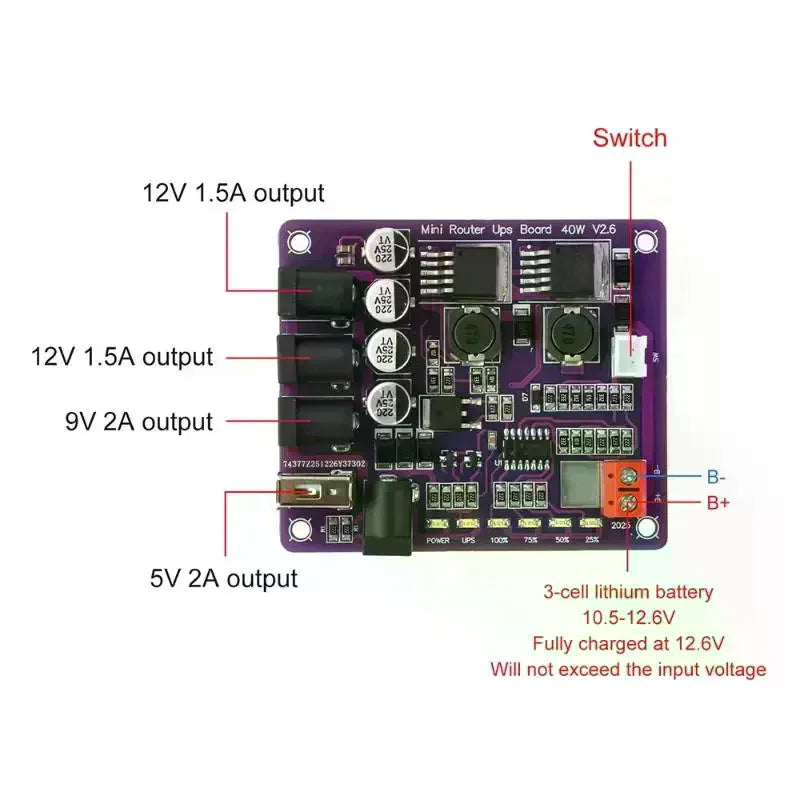 Mini Router UPS Board 40W Battery Charging Board 5V 9V 12V Output Uninterruptible Power Supply Board For Router Backup Power