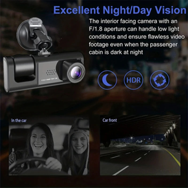 Dash Cam de 3 Canales Inteligente - Visión Nocturna Infrarroja & Full HD