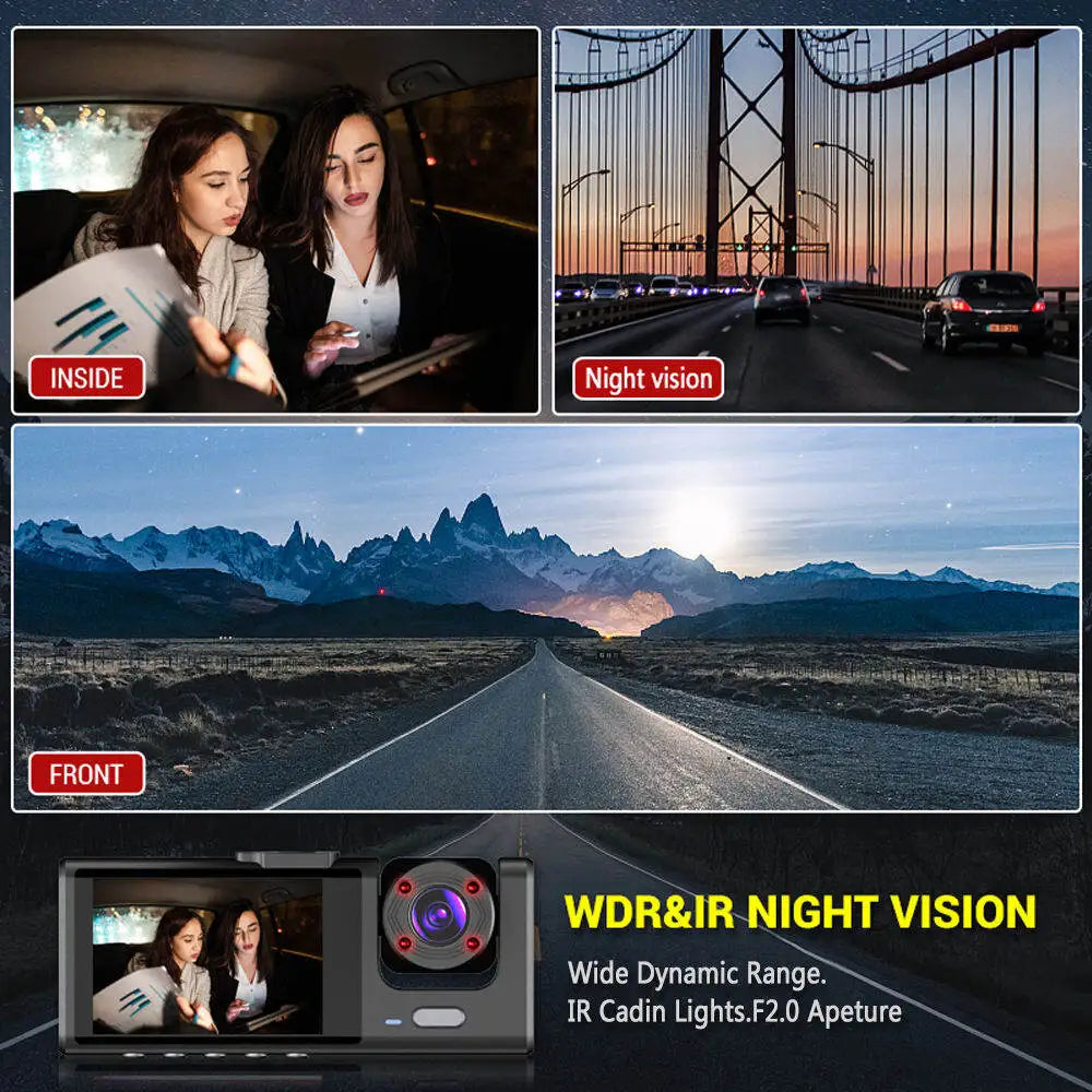 Dash Cam de 3 Canales Inteligente - Visión Nocturna Infrarroja & Full HD