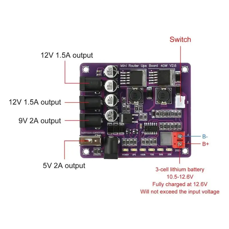 Mini Router UPS Board 40W Battery Charging Board 5V 9V 12V Output Uninterruptible Power Supply Board For Router Backup Power